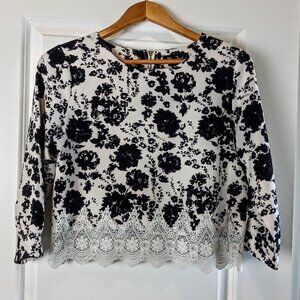 Miss Finch B&W Floral Print Crochet Trim Crop Top